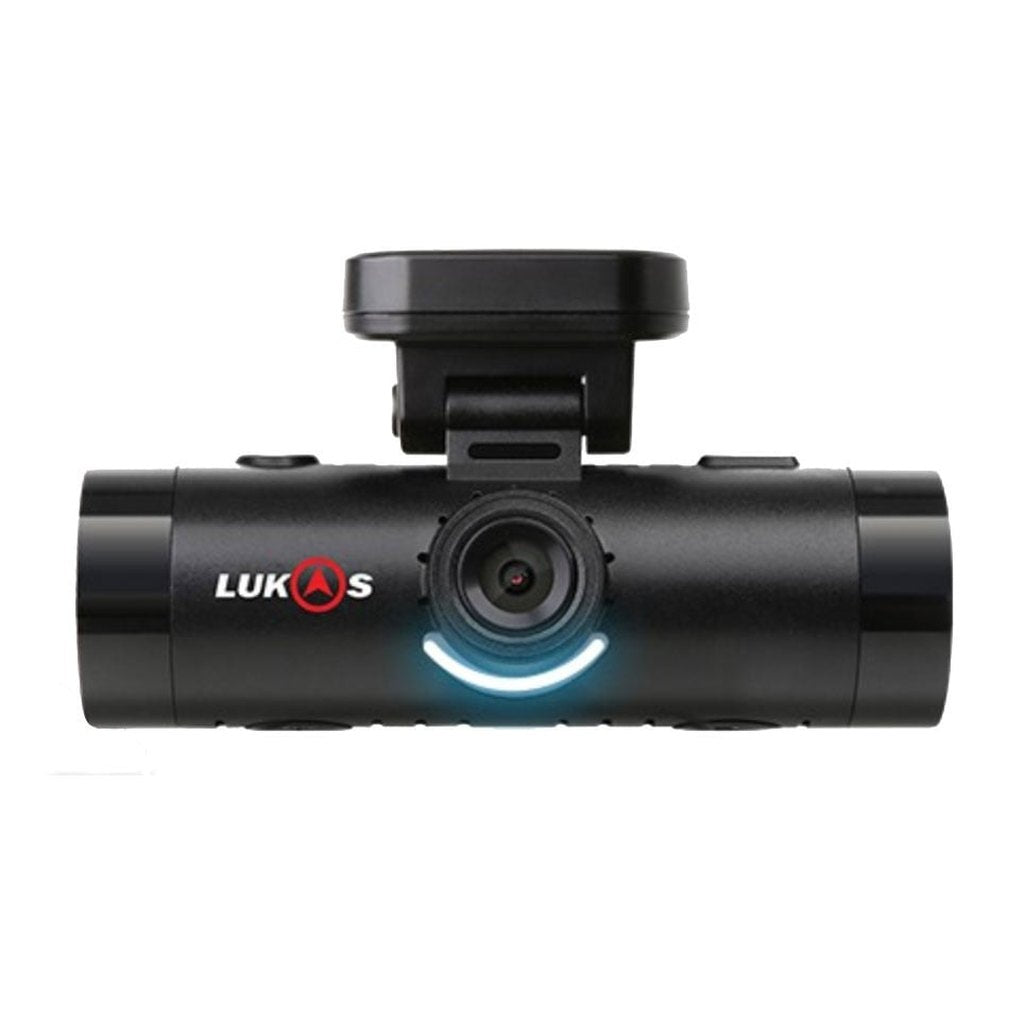 Zwarte LUKAS dashcam met lens en blauwe lichtstrip.