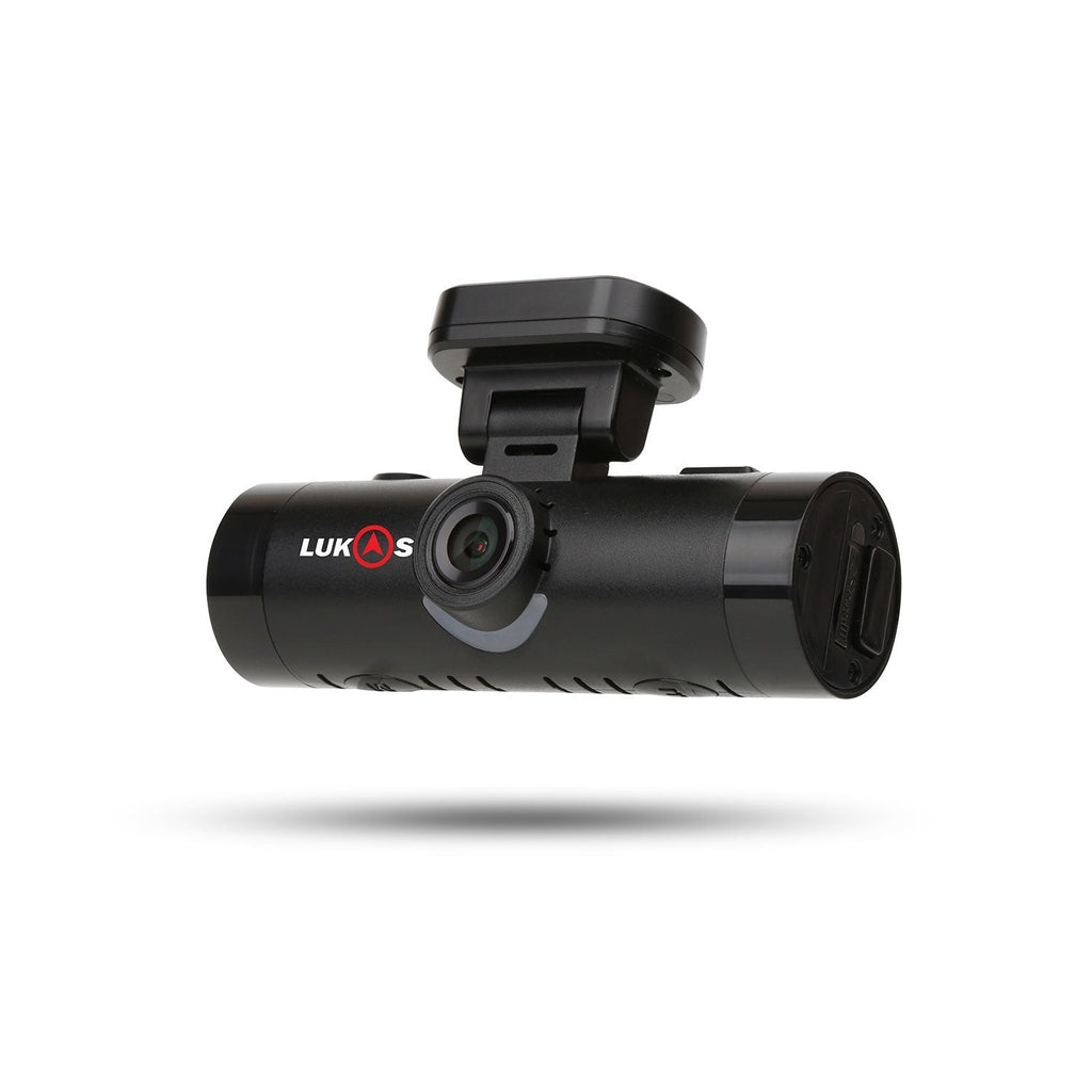 Zwarte dashcam recorder met LUKAS-logo, geïsoleerd op wit.