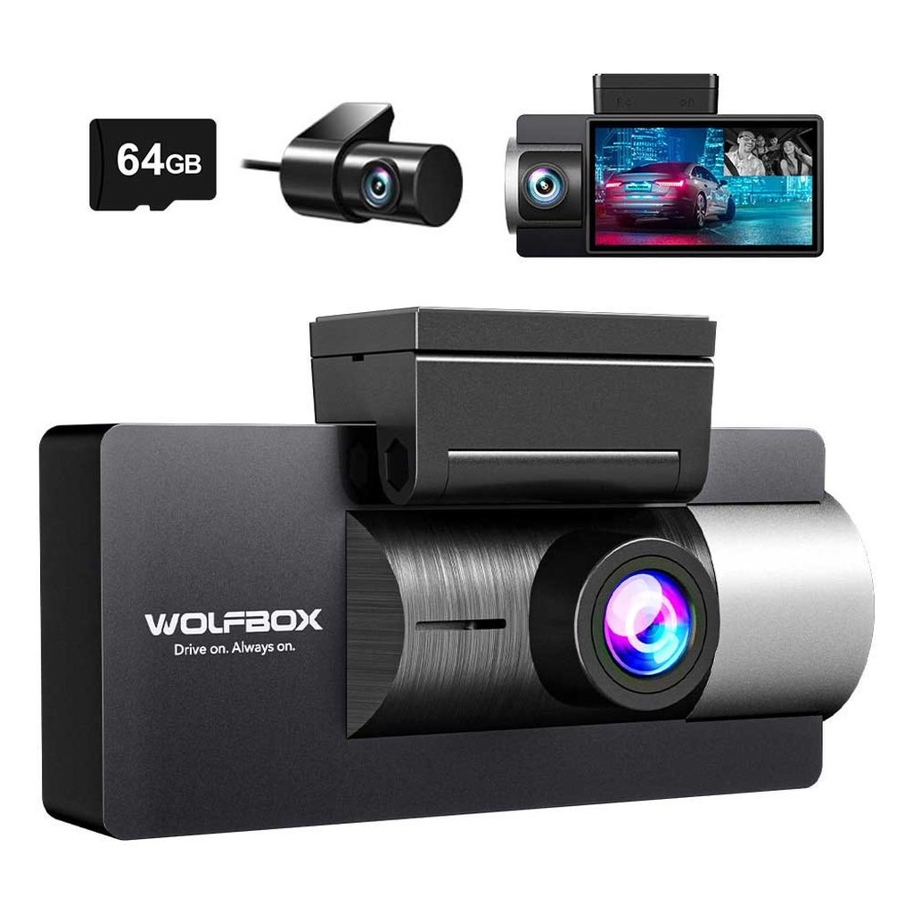 Een zwarte WOLFBOX dashcam met 64GB geheugenkaart en een tweede camera.