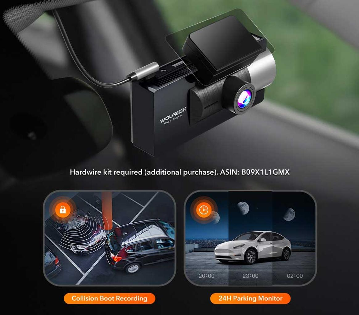 Autodashcam met parkeermonitor en botsingsopname, vereist een bedrade kit.