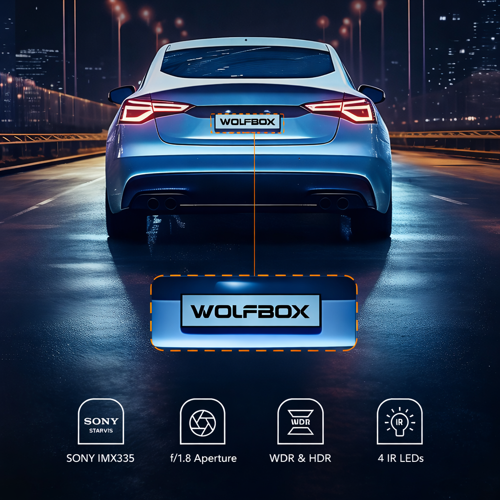 Achterkant van een auto met WOLFBOX-logo, nachtscène, technische kenmerken