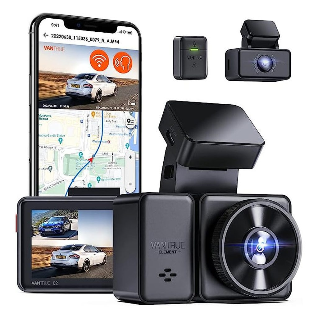 Dashcam set met telefoonweergave, afstandsbediening en hoofdeenheid.