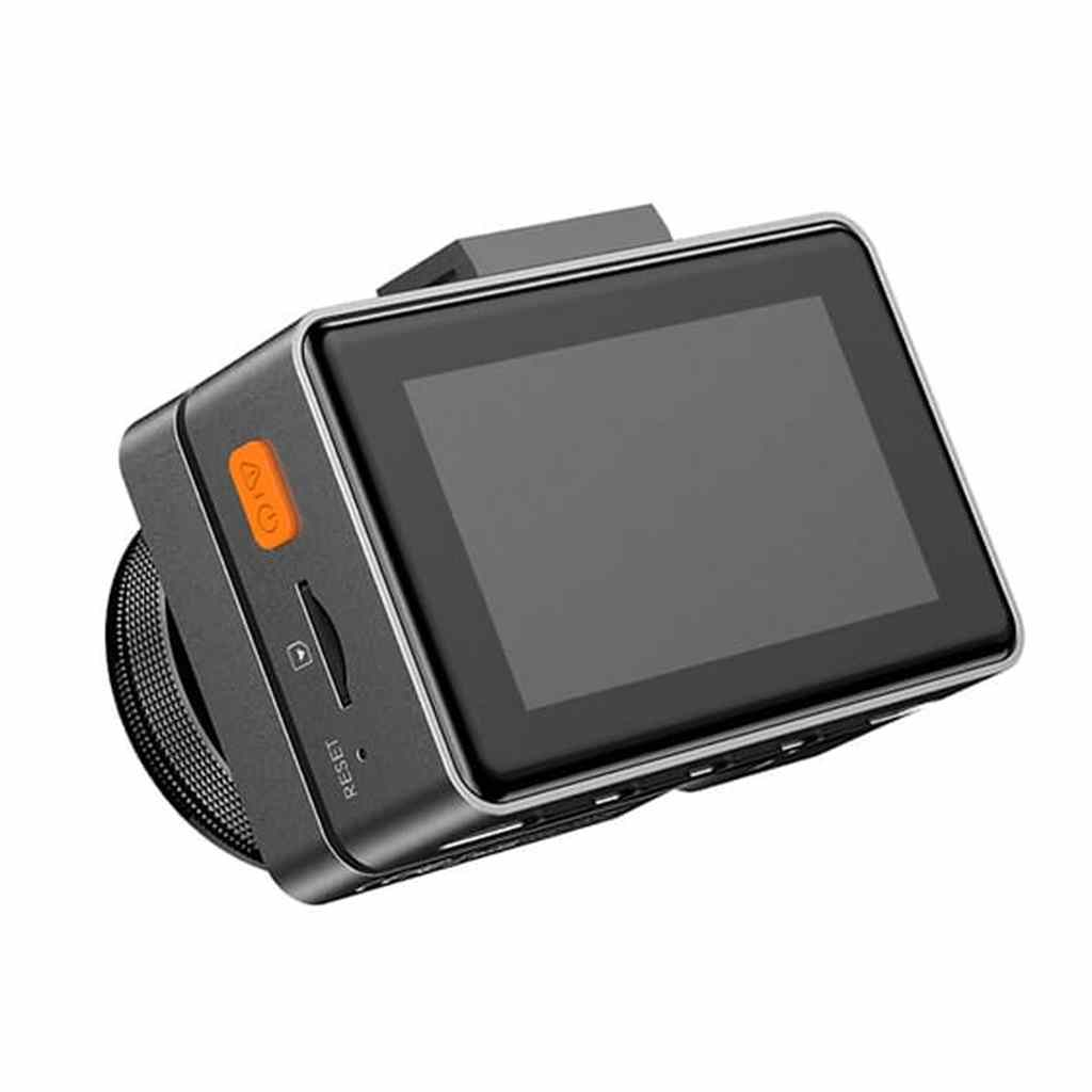 Zwart dashcam-apparaat met scherm en oranje knop.
