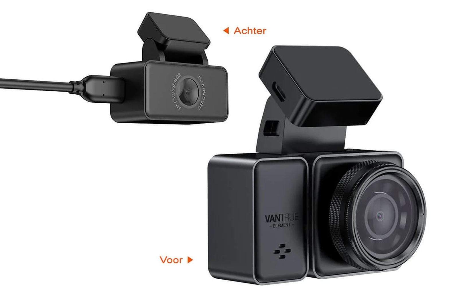 Twee zwarte dashcams, één met kabel, de ander met lens.