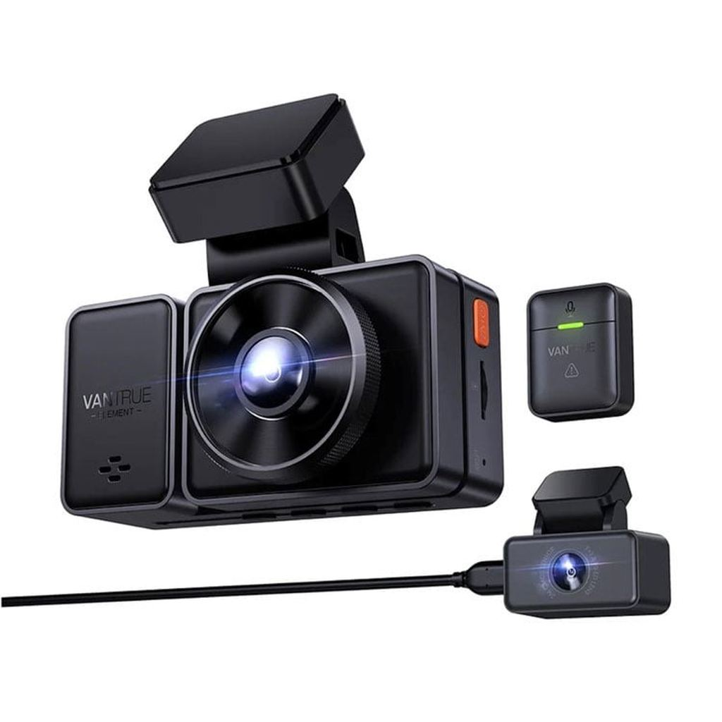 Zwarte dashcam met voor- en achtercamera's, één kleine accessoire-unit.
