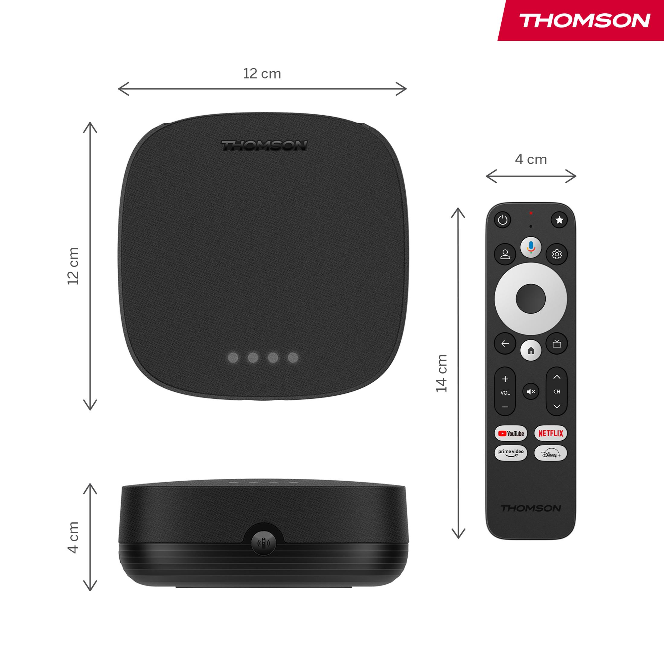 Reproductor multimedia y mando a distancia Thomson negros, dimensiones mostradas.