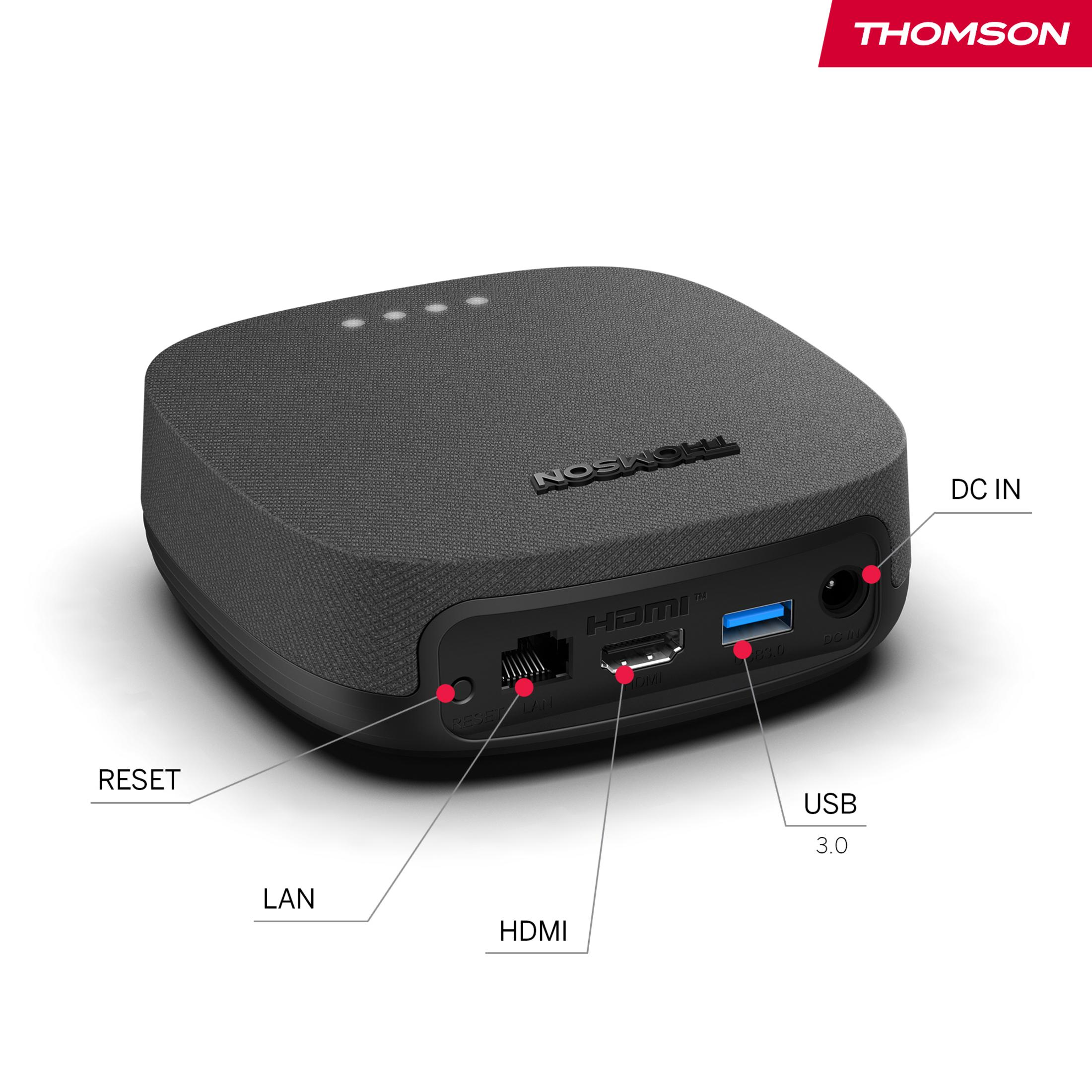 Dispositivo Thomson gris con puertos: Reset, LAN, HDMI, USB 3.0 y DC IN.