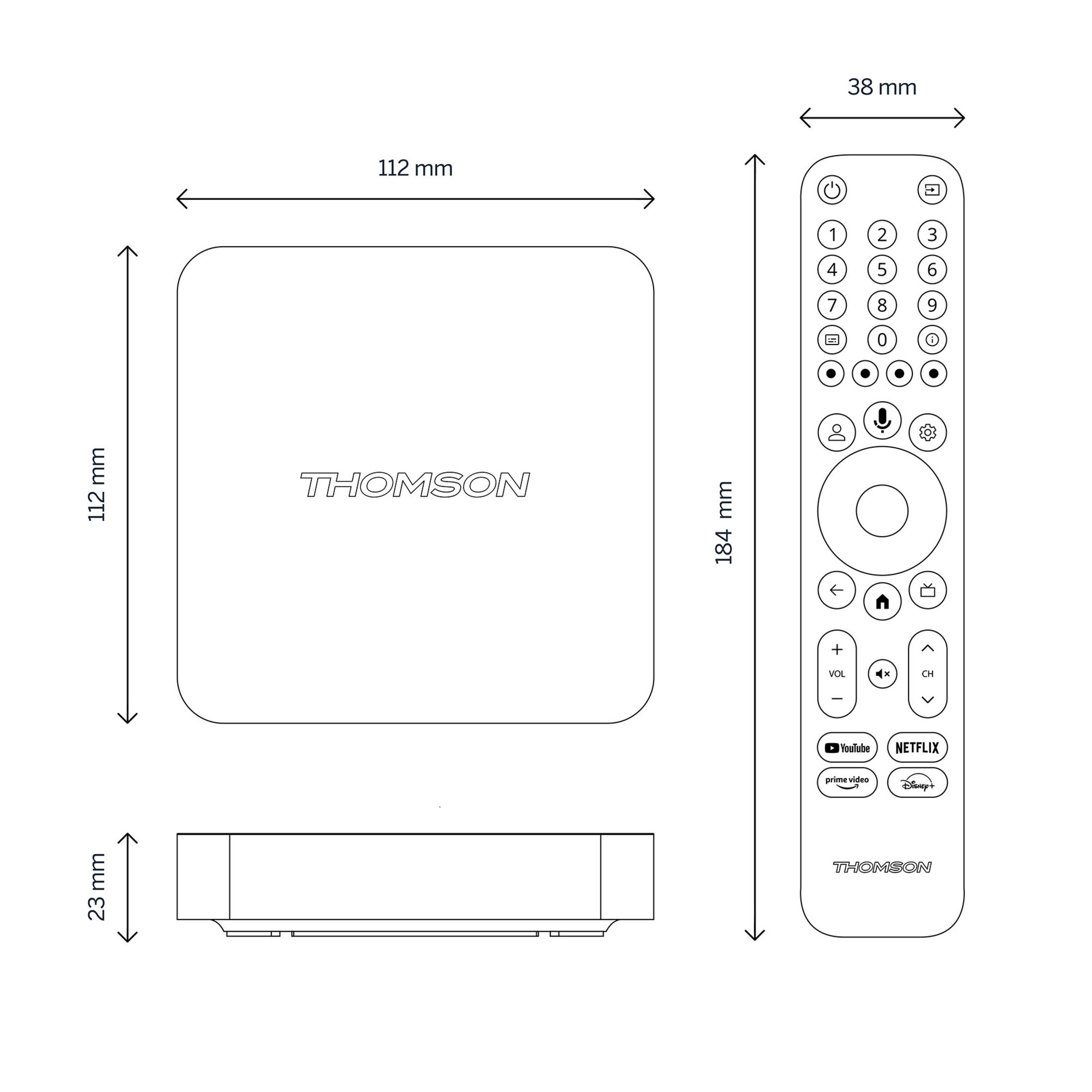 Dibujo técnico de un reproductor multimedia Thomson y mando a distancia con dimensiones.