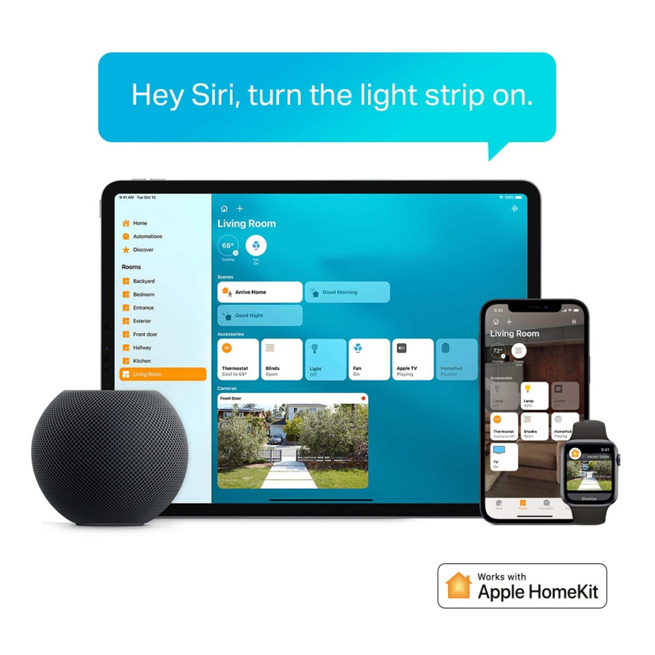 Appareils Apple HomeKit affichés sur tablette, iPhone et Apple Watch.