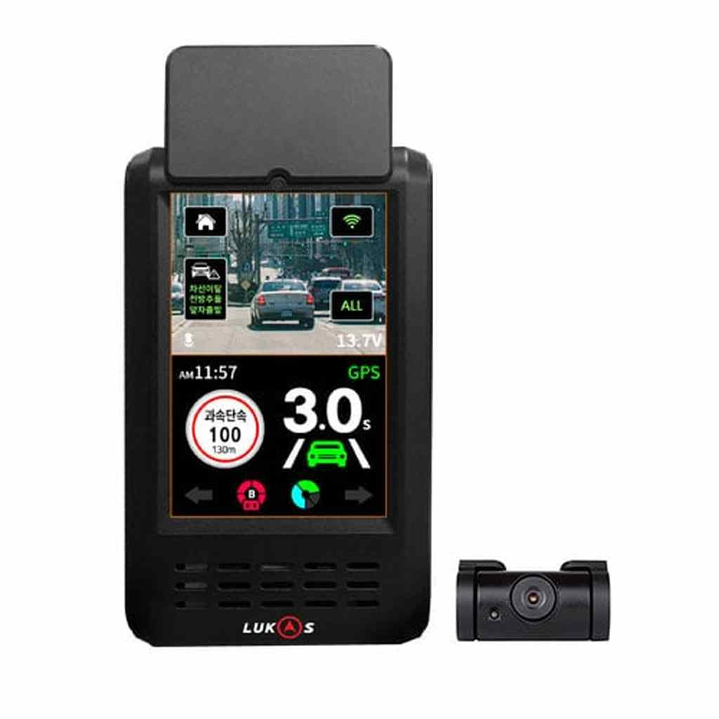 Een zwart dashcam-scherm met verkeers-, snelheids- en GPS-gegevens, met een kleine camera.