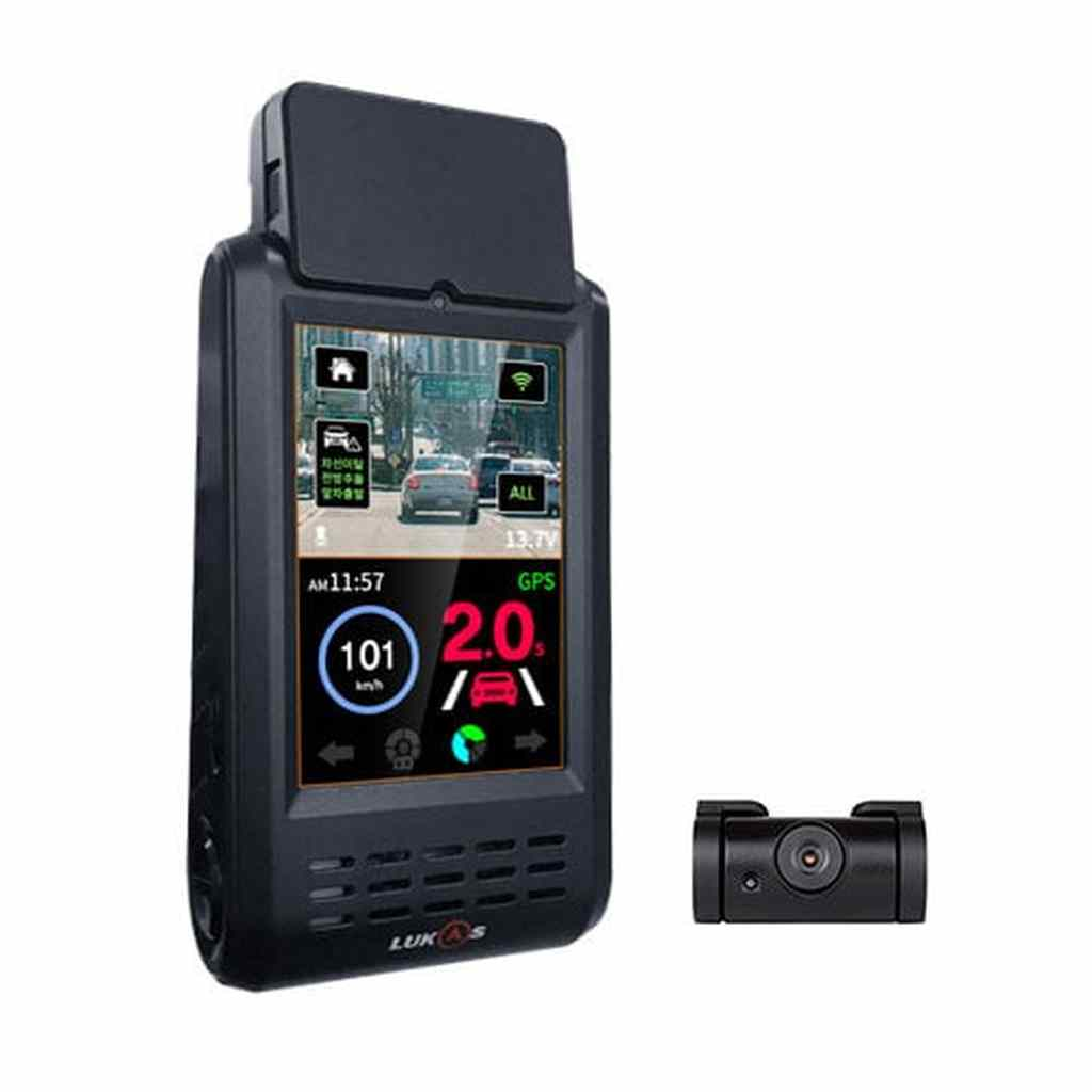 Twee dashcams, één met scherm toont auto's en rijgegevens.