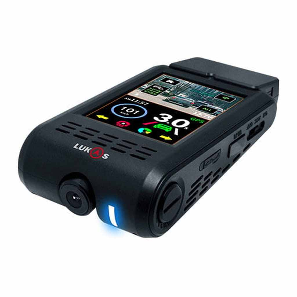 Zwarte dashcam voor auto's met een scherm dat snelheid en GPS-gegevens toont.