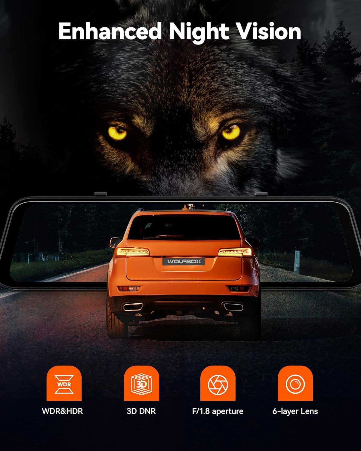 Wolfsgezicht met gele ogen boven een autospiegel die een auto toont.