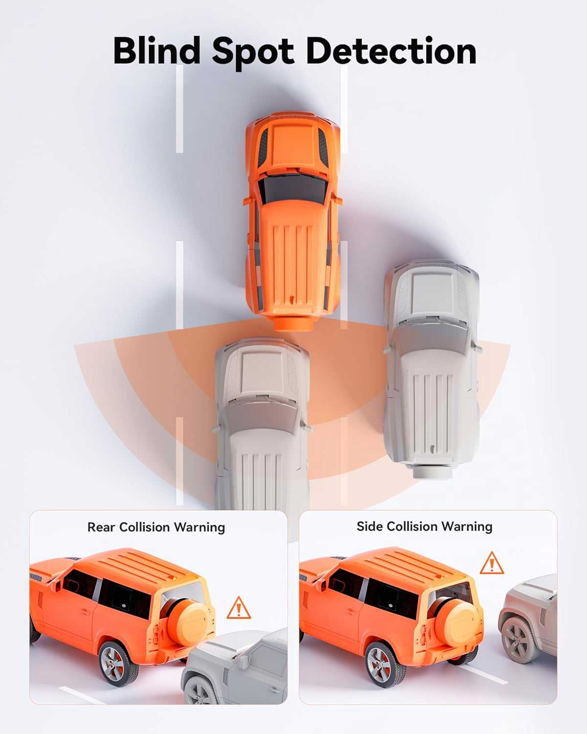Drie auto's op een weg, één oranje, twee grijs. Waarschuwingspictogrammen.
