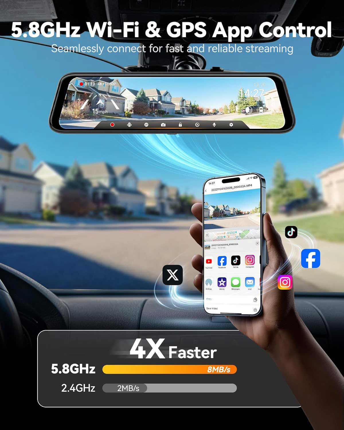 Dashboard camera toont straat; telefoon toont app met social media iconen.