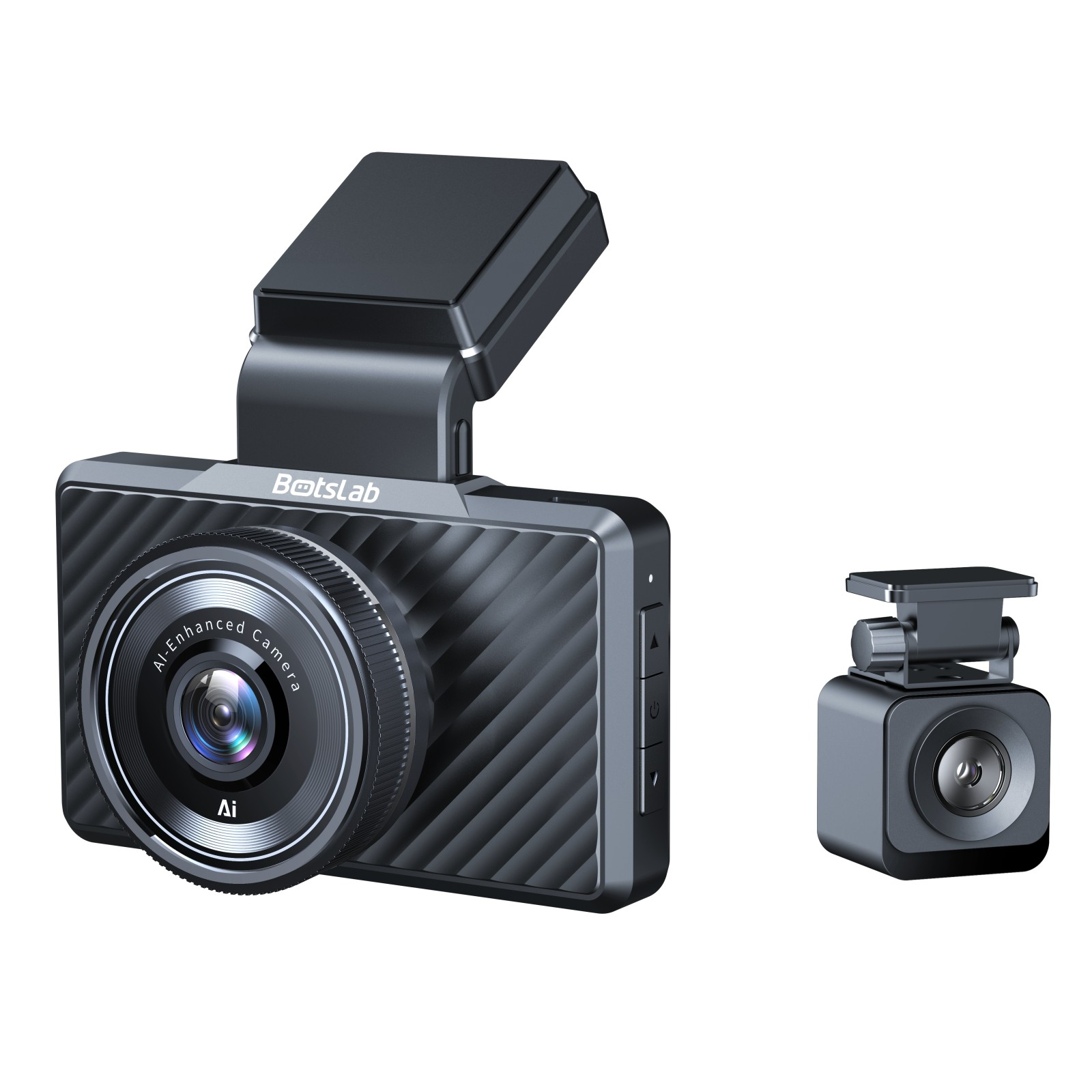 Twee donkere dashcams op wit. Eén grotere voor, een kleinere achter.