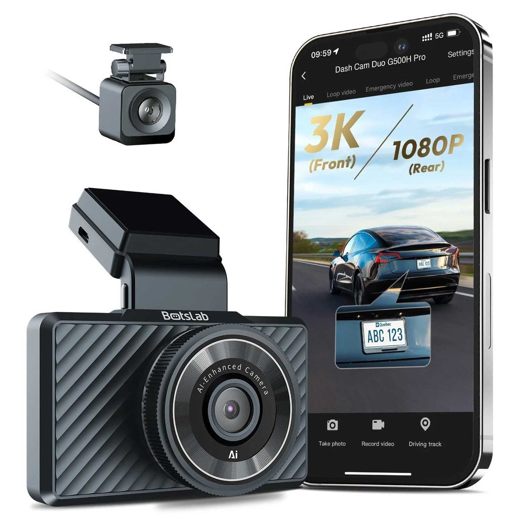 Twee dashcams en een smartphone tonen 3K voor- en 1080P achtercamera-opnamen.