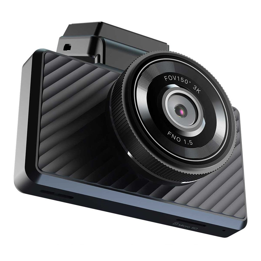 Zwarte dashcam met getextureerde behuizing en prominente lens, gelabeld FOV150°, 3K, FNO 1.5.