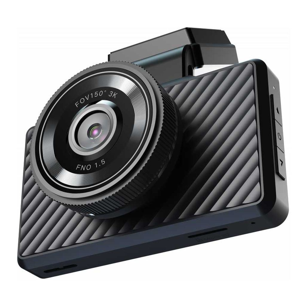 Zwarte dashcam met grote lens en getextureerde ring. Tekst op lens: FOV150° 3K, FNO 1.5.