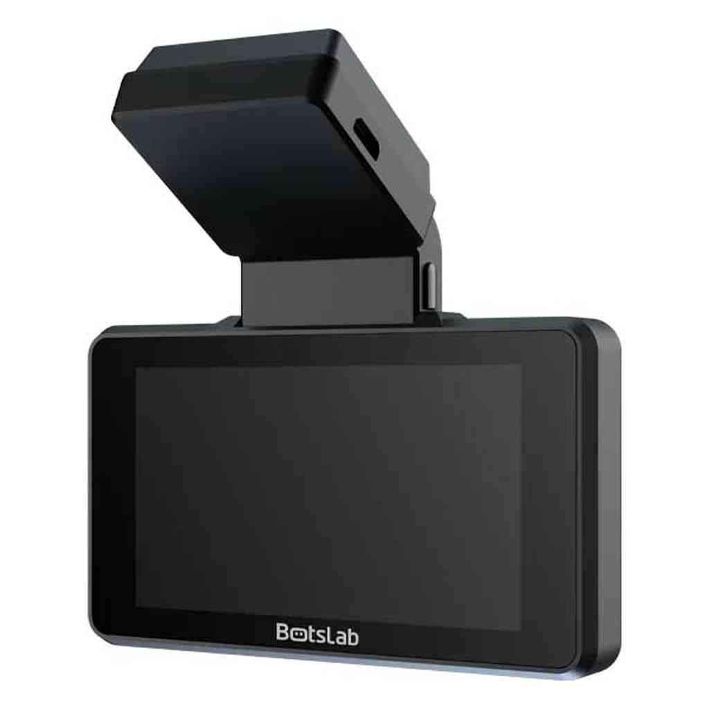 Een zwarte dashcam met scherm en een openklapbaar bovendeel.