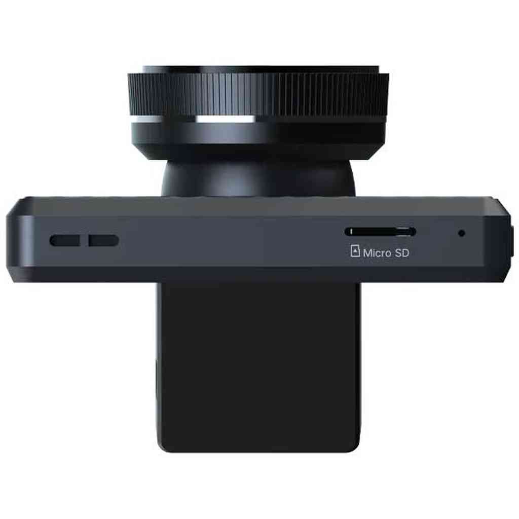 Compacte zwarte camera met lens, micro-SD-sleuf en ventilatieopeningen.