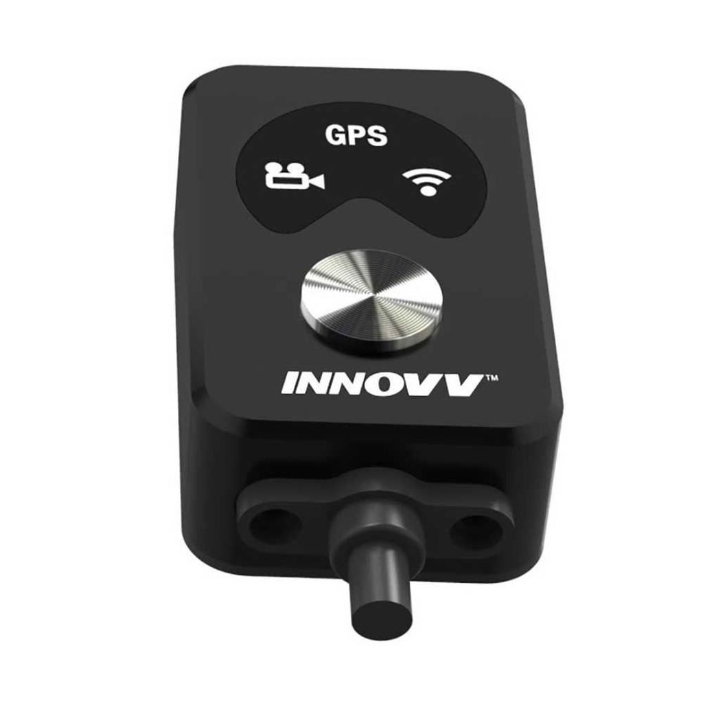 Een zwart Innovv-apparaat met GPS-, camera-, WiFi-pictogrammen en een knop.