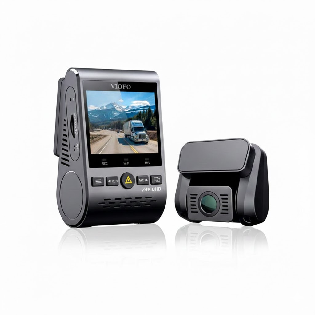 Twee VIOFO dashcams op witte achtergrond. Eén toont een vrachtwagen op een bergweg.