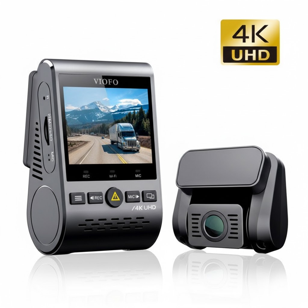 Twee VIOFO dashcams, één toont een vrachtwagen op een weg, de andere compact.
