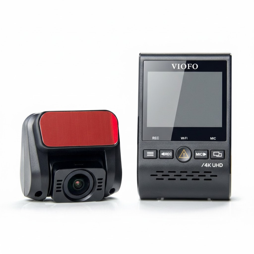 Twee VIOFO dashcams: één zwart met rood kussentje, de ander met scherm.