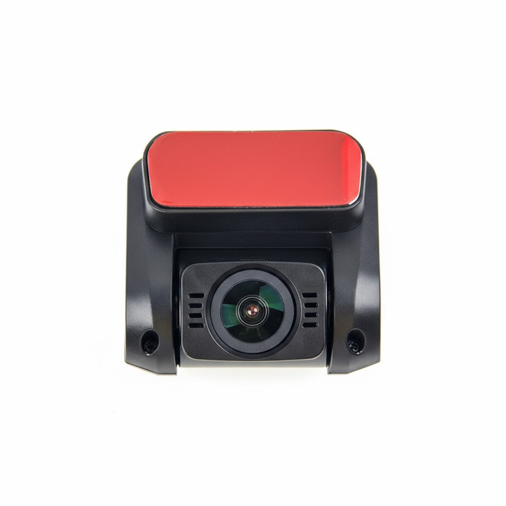 Een zwarte dashcam-recorder met rode plakband op witte achtergrond.