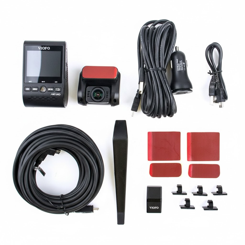 VIOFO dashcam accessoires: twee camera's, kabels, oplader, kleefstrip, clips.