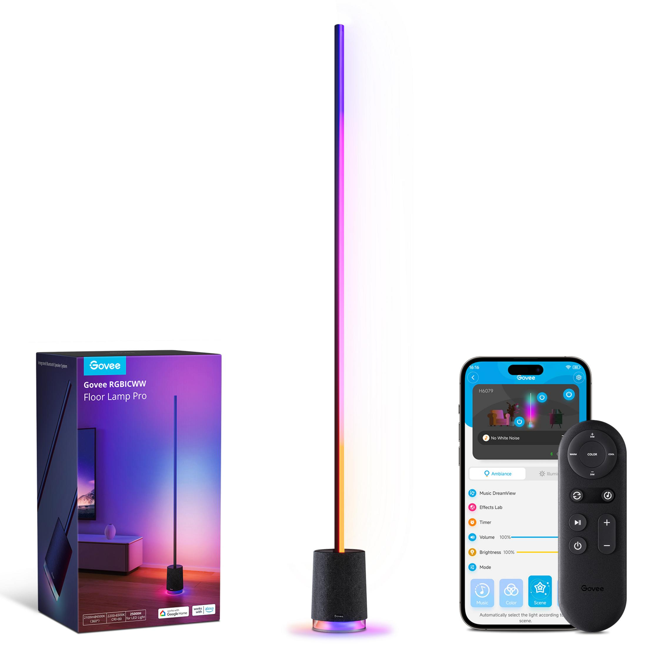 Govee Stehlampe mit Fernbedienung, Smartphone-App und Verpackung.