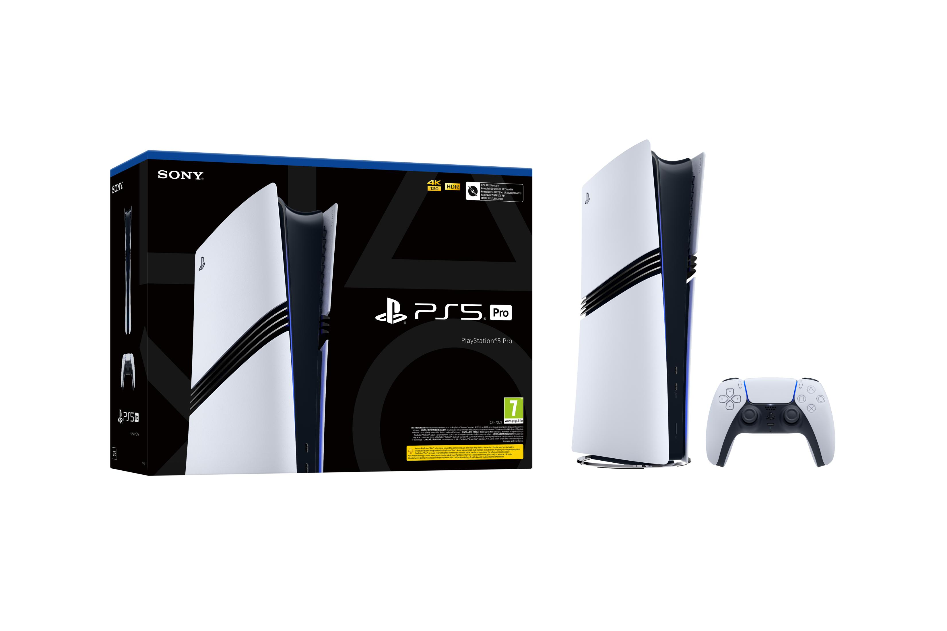 Console Playstation 5 Pro con controller e scatola su sfondo bianco.