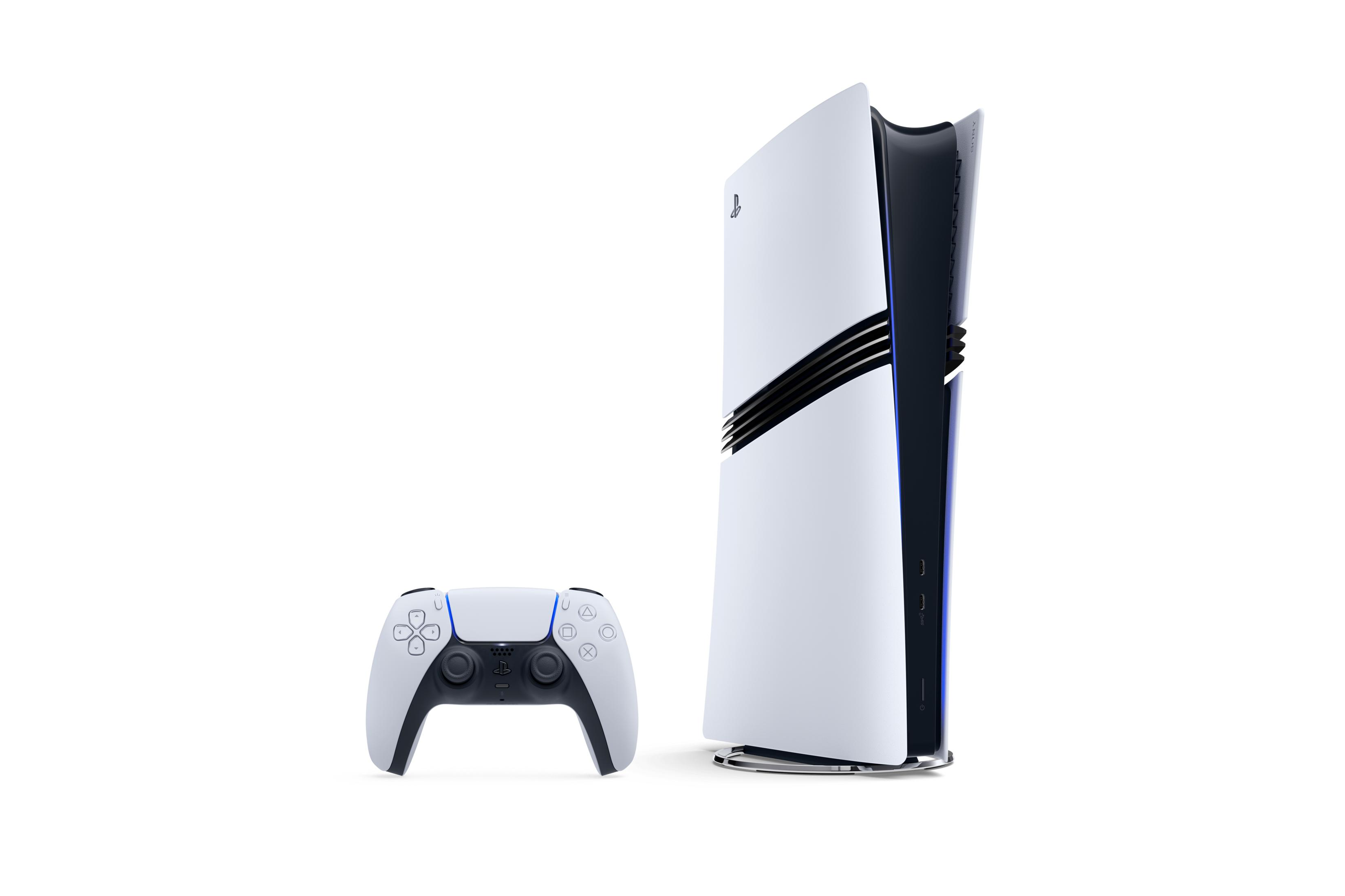 Una console di gioco bianca con un controller su sfondo bianco.