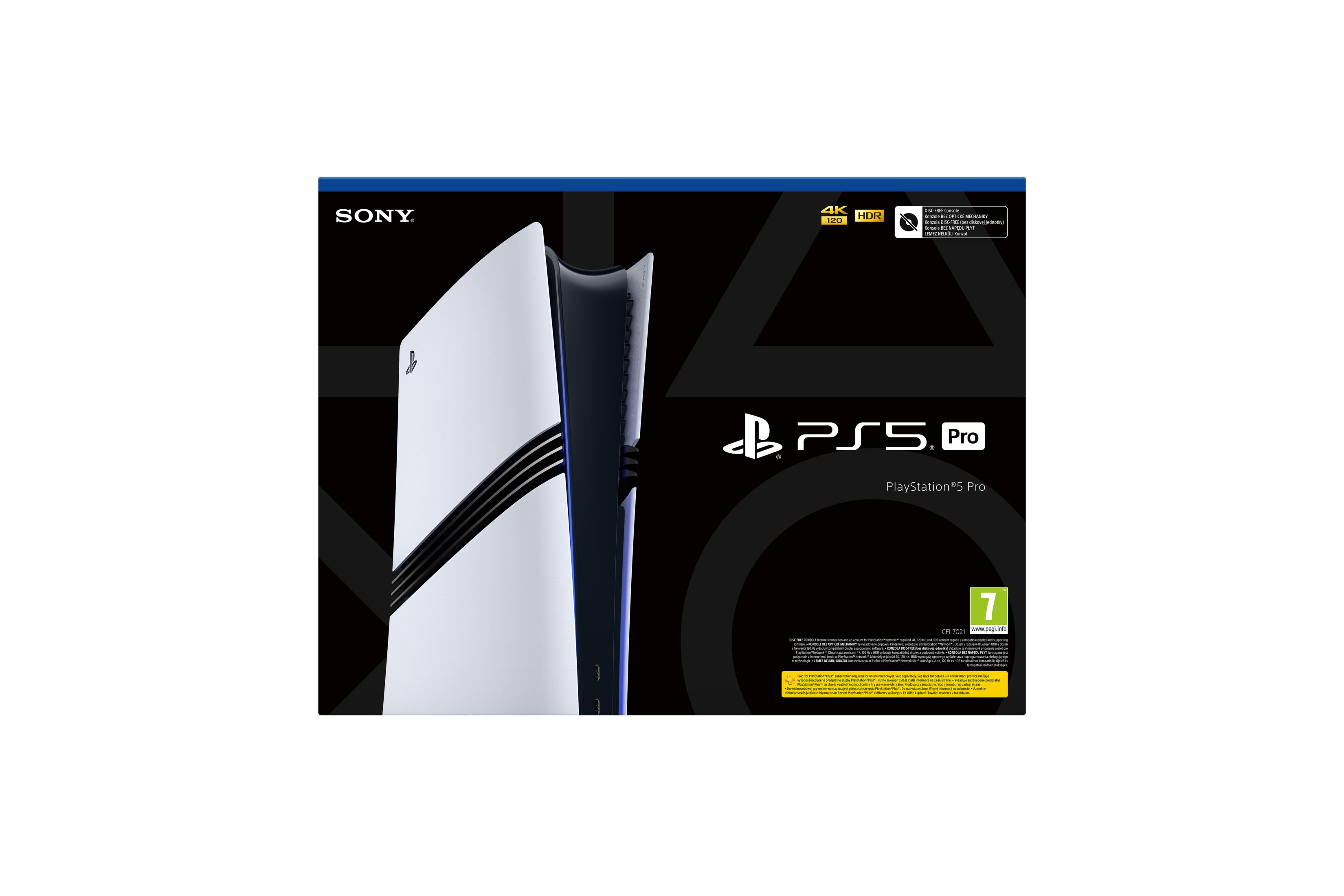 Console Sony PlayStation 5 Pro, bianca e nera, con indicazione 4K HDR 120Hz.
