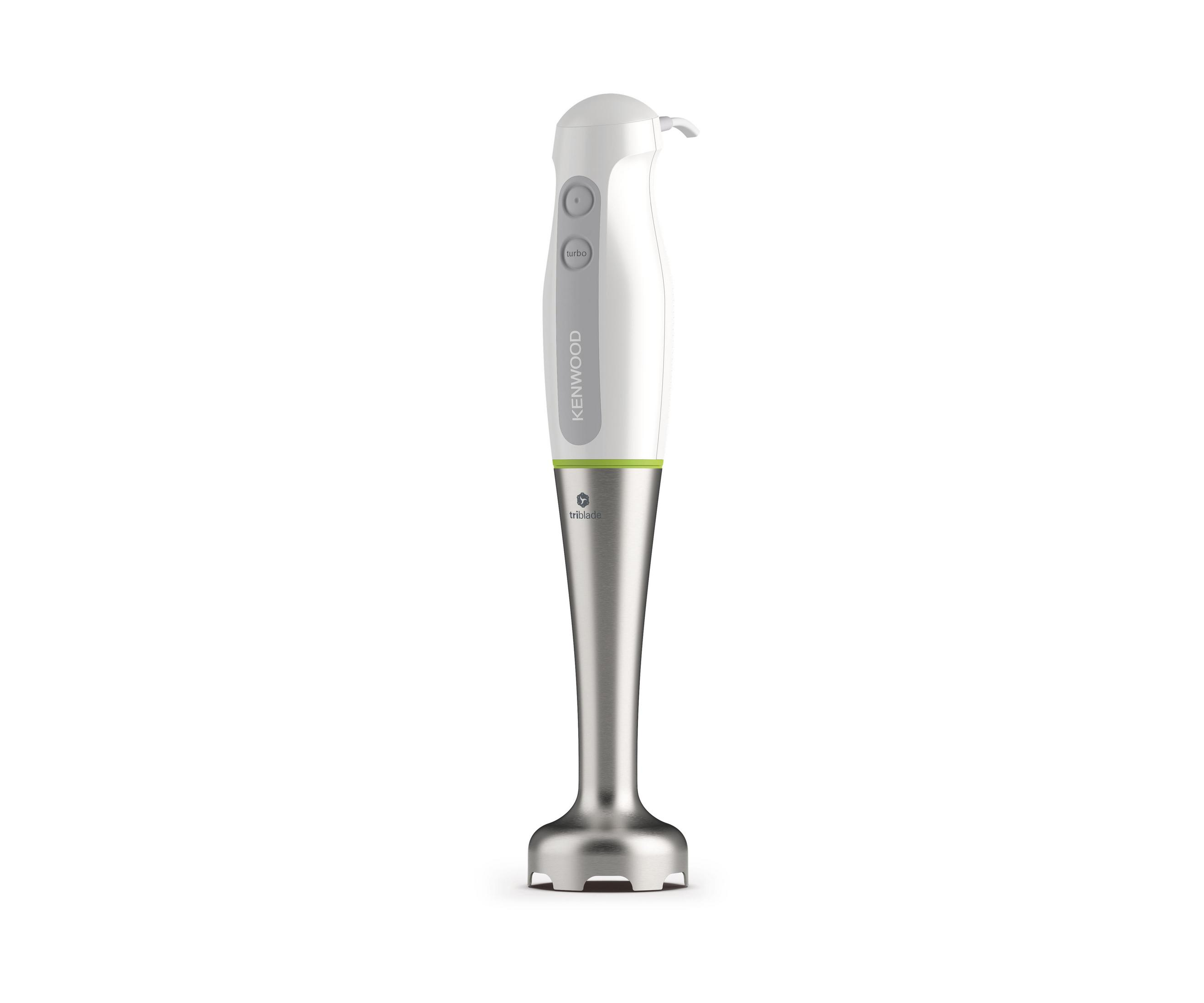 Biały blender ręczny Kenwood ze srebrną stopą i zielonymi akcentami.