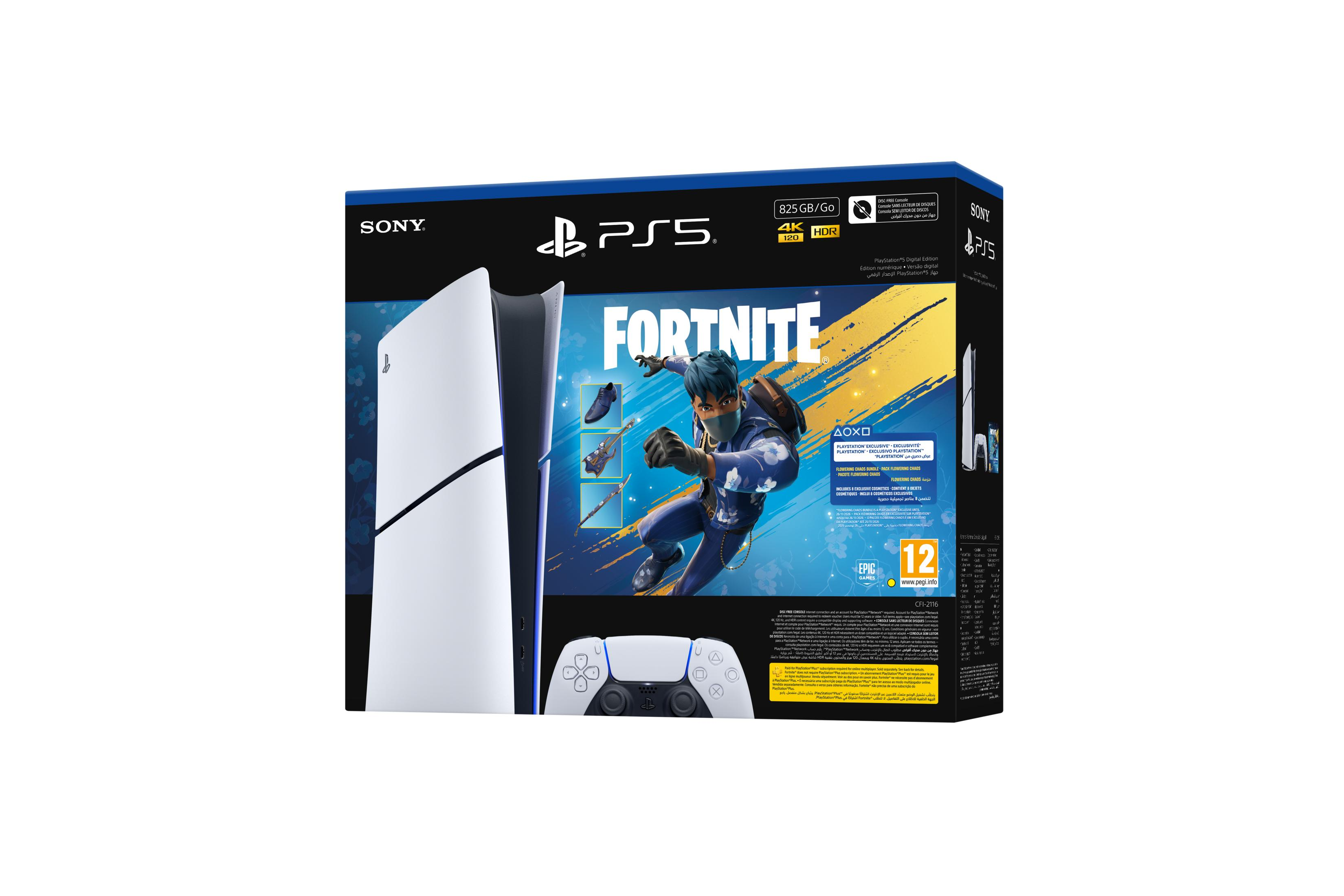 PS5 Digital Edition Fortnite Bundle z kontrolerem, konsolą i zawartością gry.