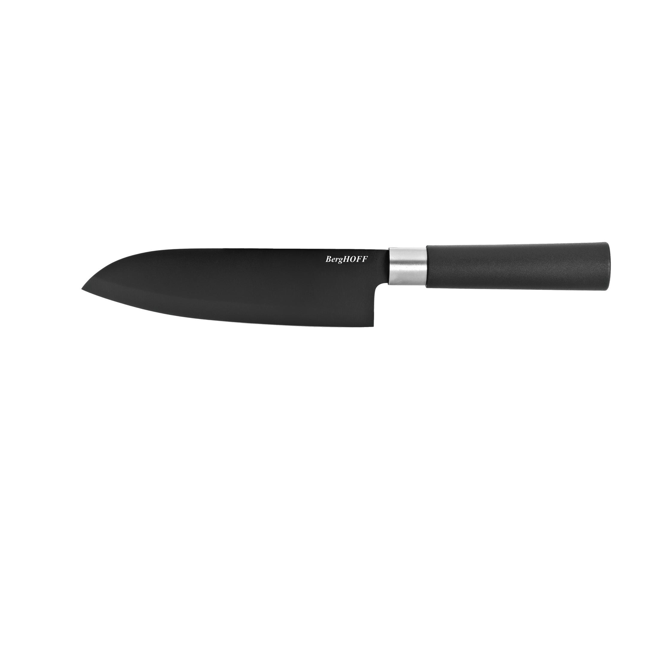 A black kitchen knife with a silver ring and a black handle.