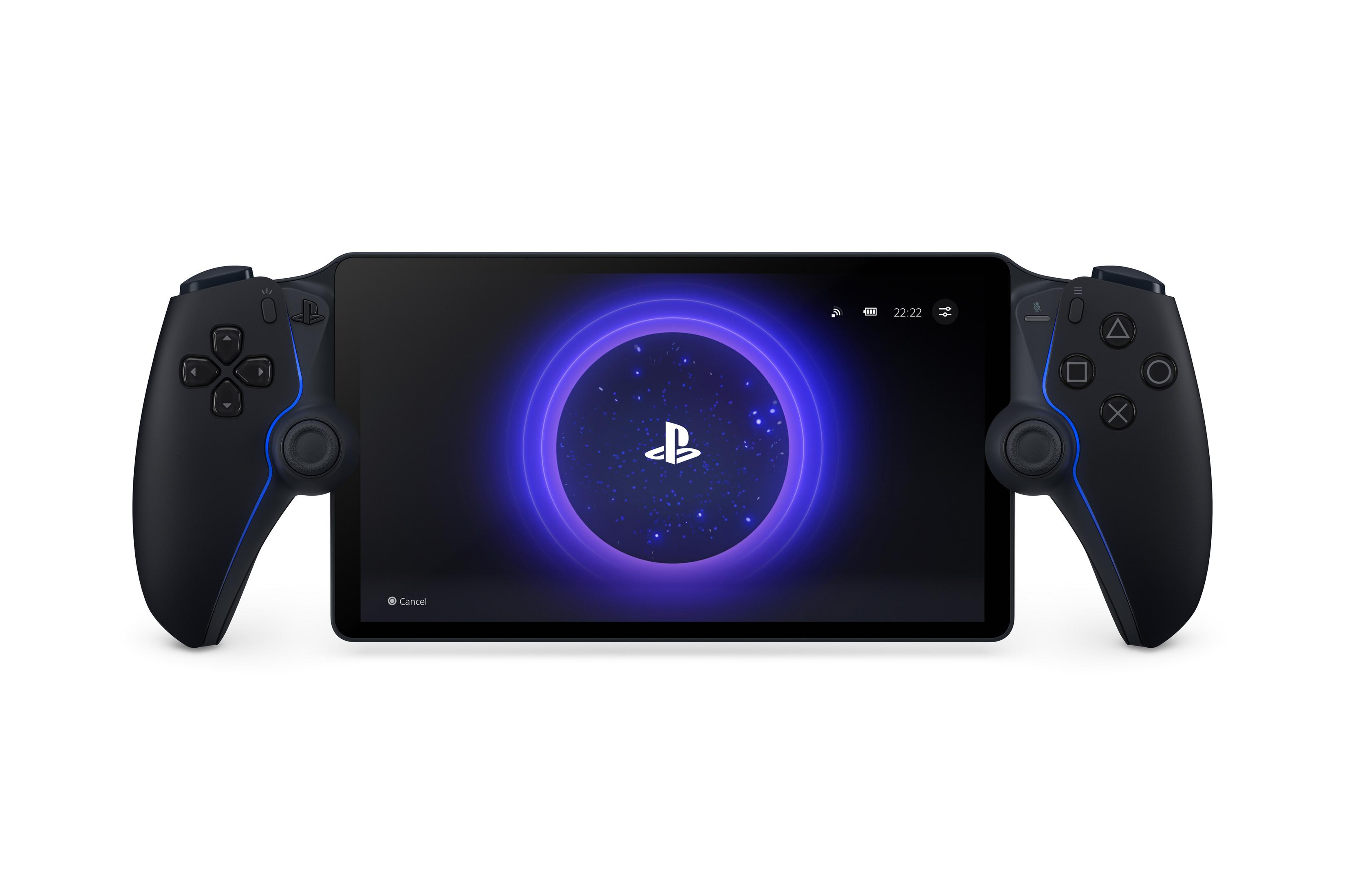 Dispositivo de juego negro con dos mandos y pantalla brillante.