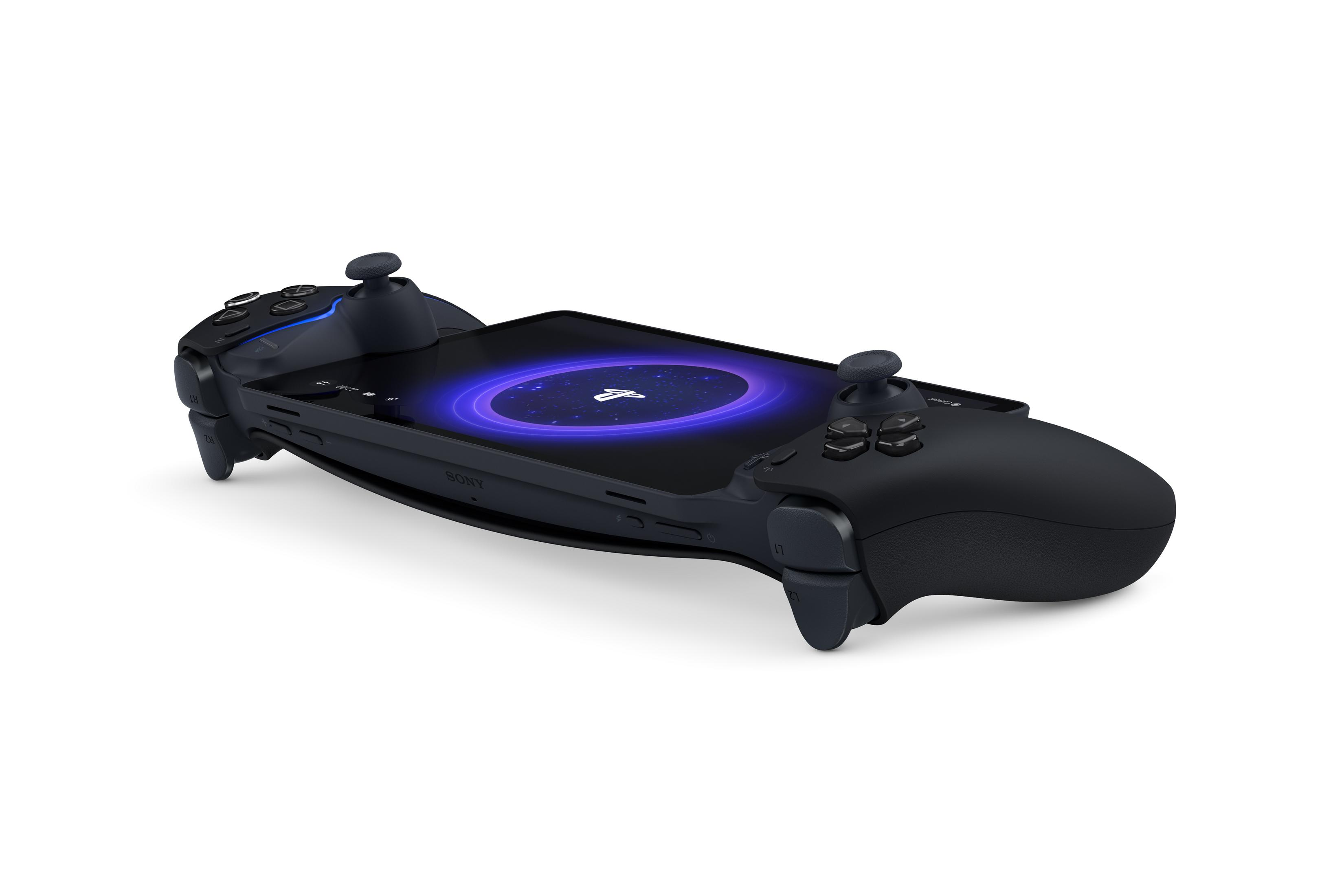Mando negro de PlayStation con centro azul brillante sobre fondo blanco.