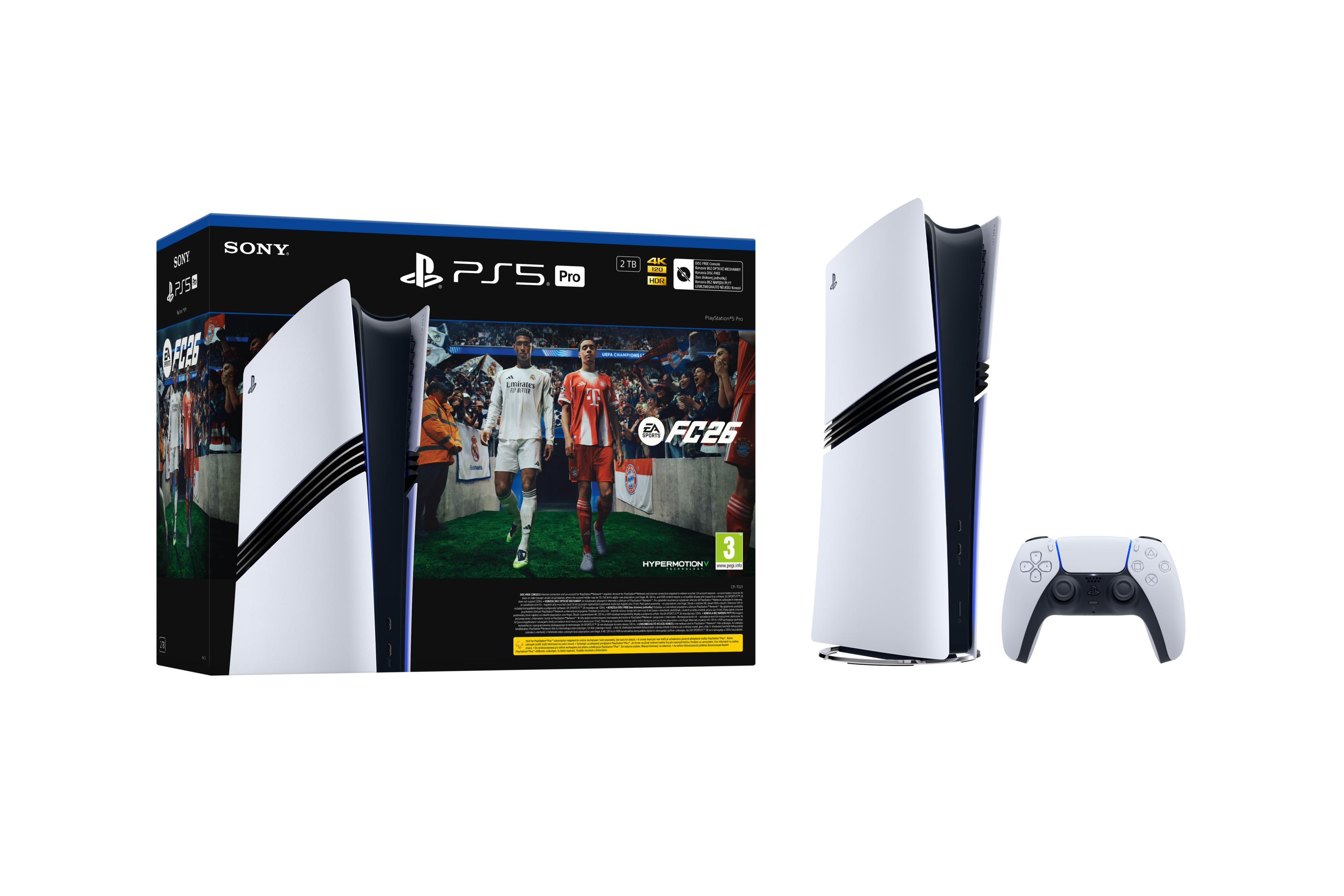 PlayStation 5 Pro z pudełkiem gry FC26, konsolą i kontrolerem na białym tle.