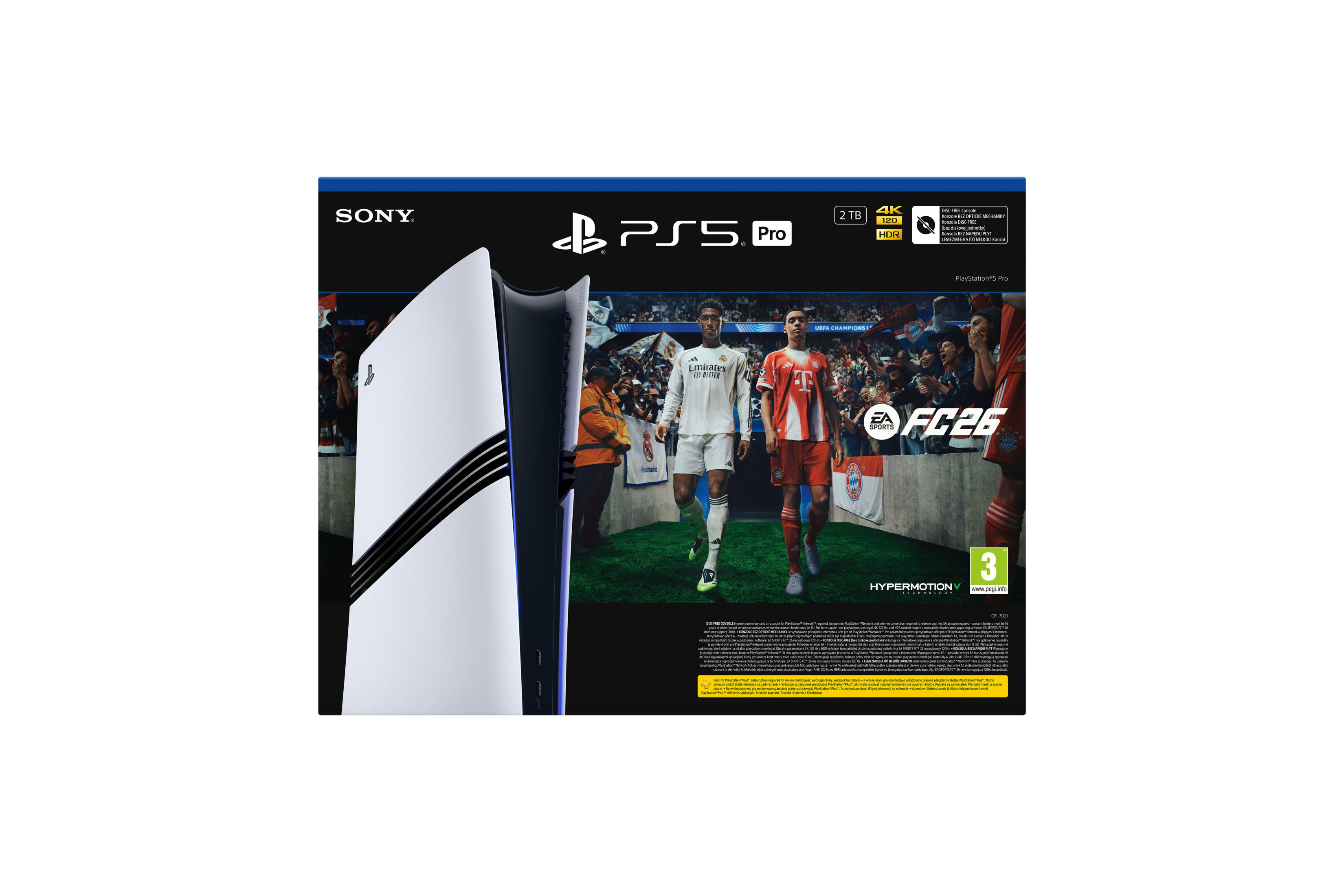 Konsola PlayStation 5 Pro z pudełkiem gry FC 26. Dwóch piłkarzy na boisku.