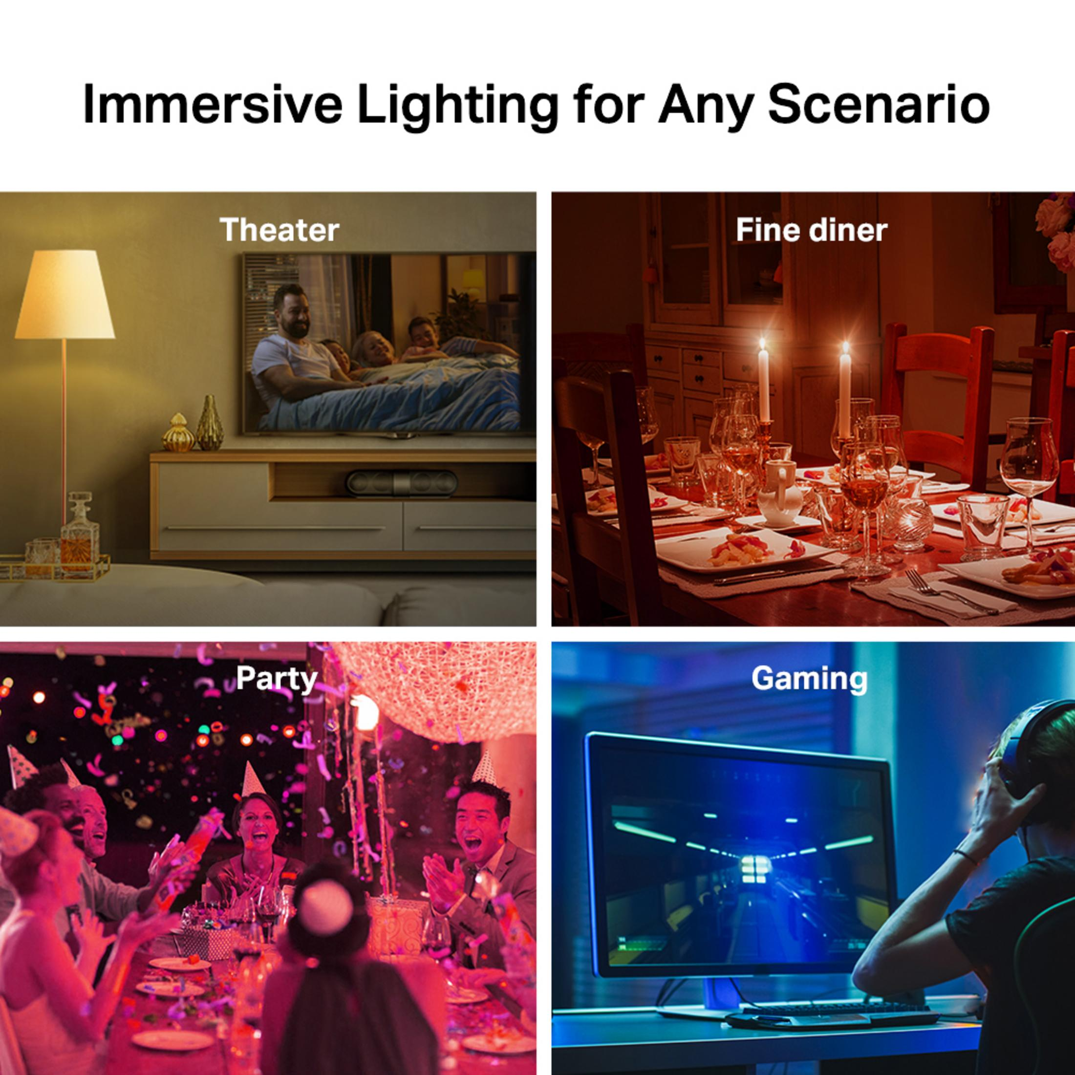 Vier scènes: Theater, Diner, Feest, Gaming. Verlichting voor elke situatie.