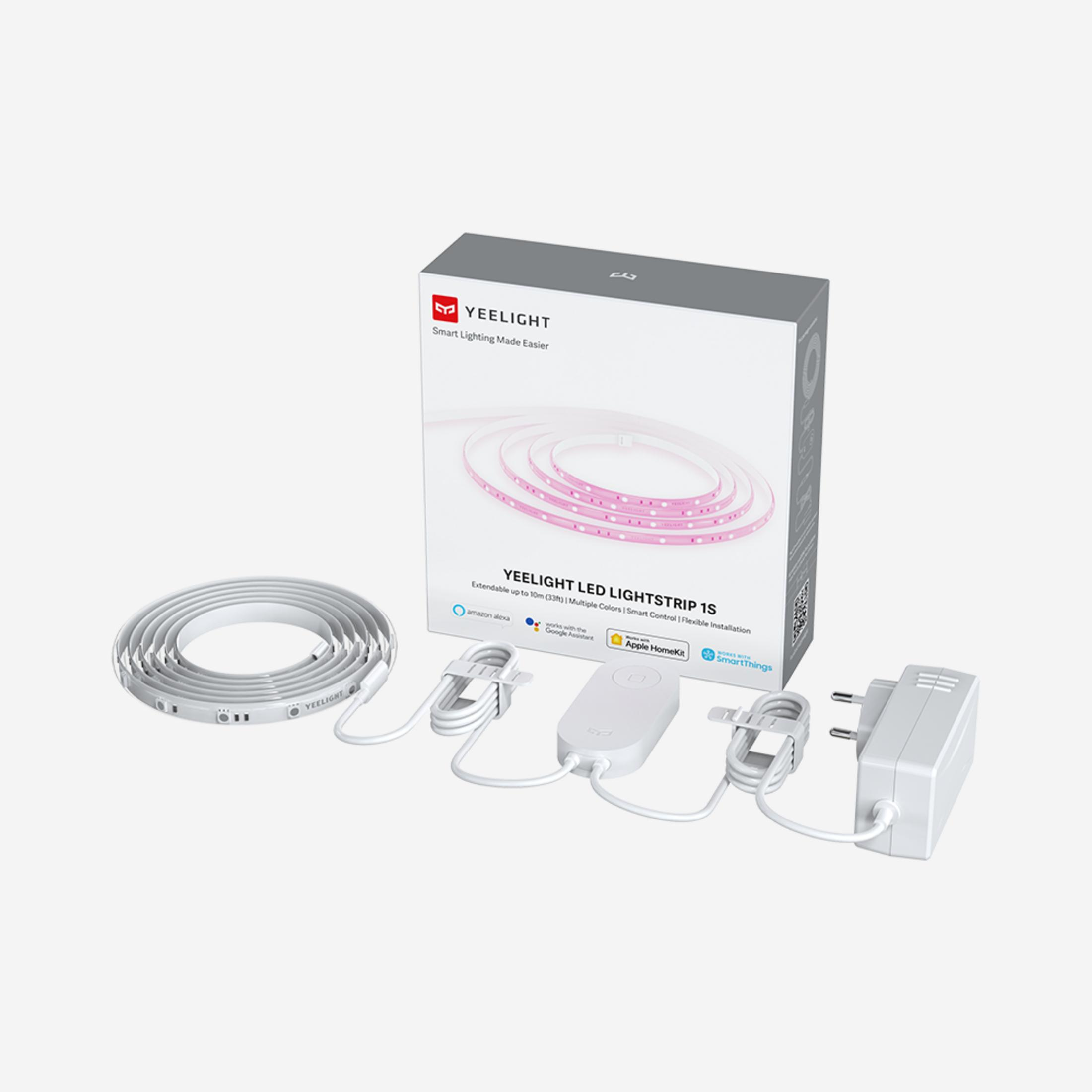 Yeelight LED Lightstrip 1S con confezione, adattatore di alimentazione e controller.