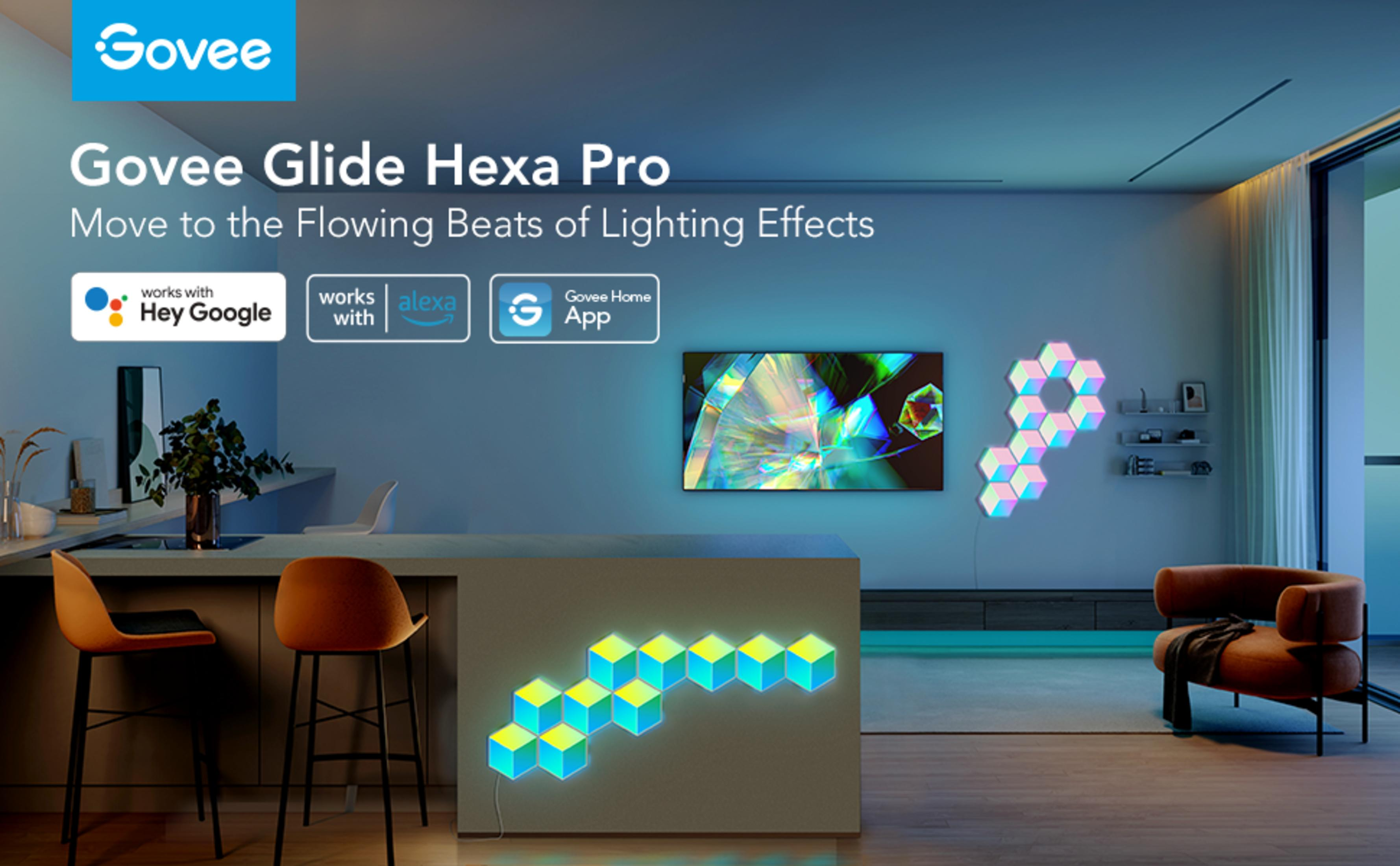 Luci Govee Glide Hexa Pro in un soggiorno moderno con mobili.