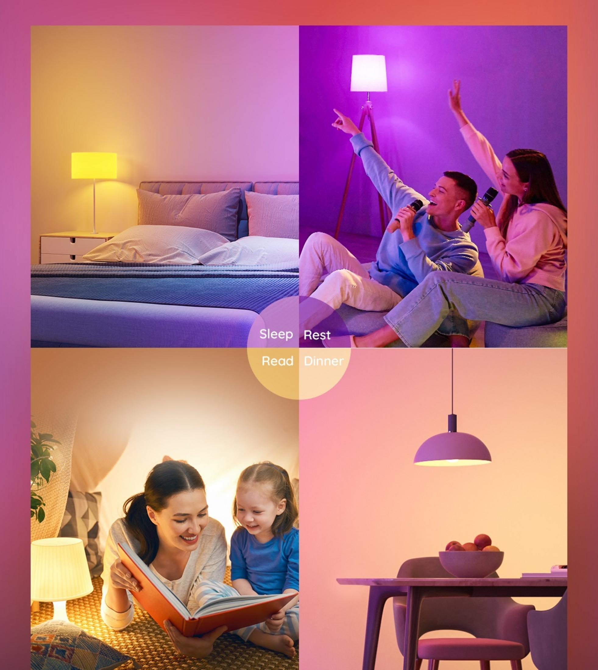 Vier Szenen: Bett, Singen, Lesen, Essen mit farbigen Lichtern.