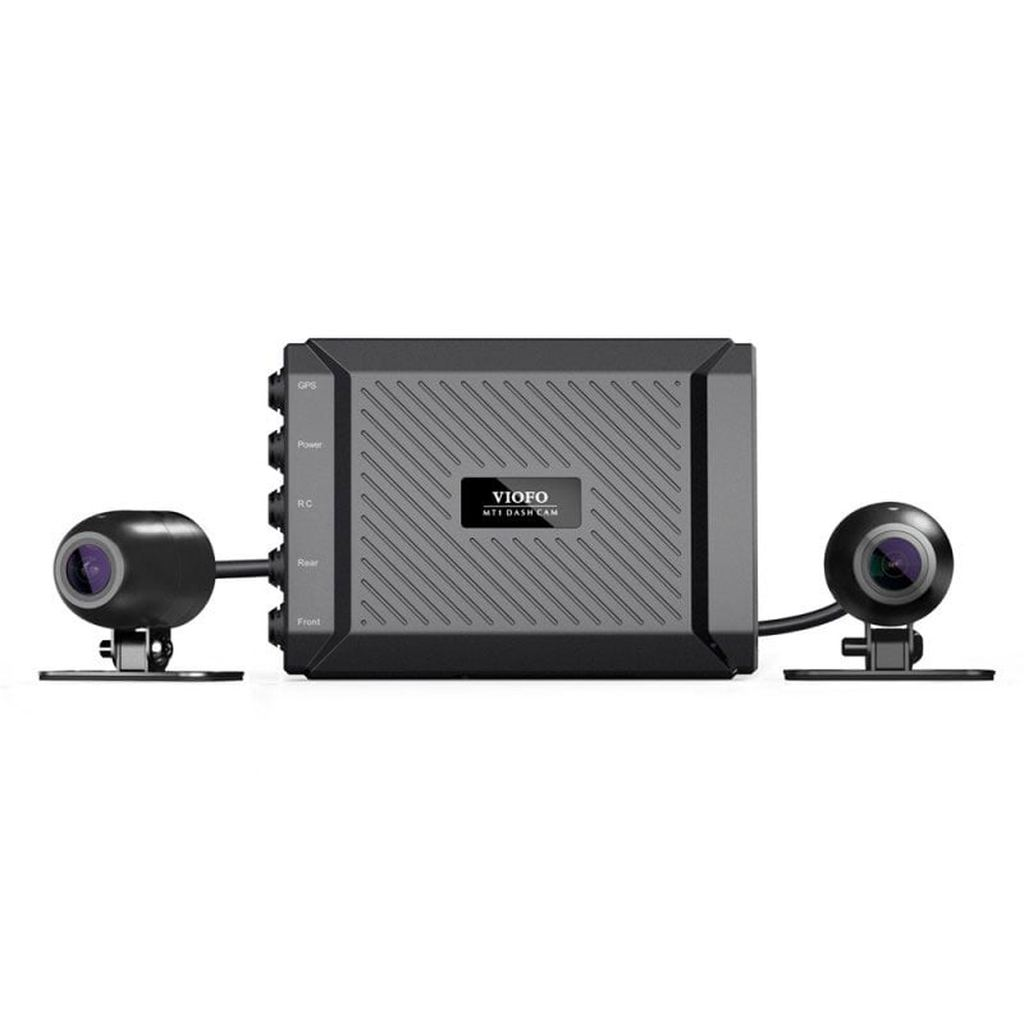 VIOFO dashcam hoofdunit met twee camera's. Grijs apparaat met poorten.