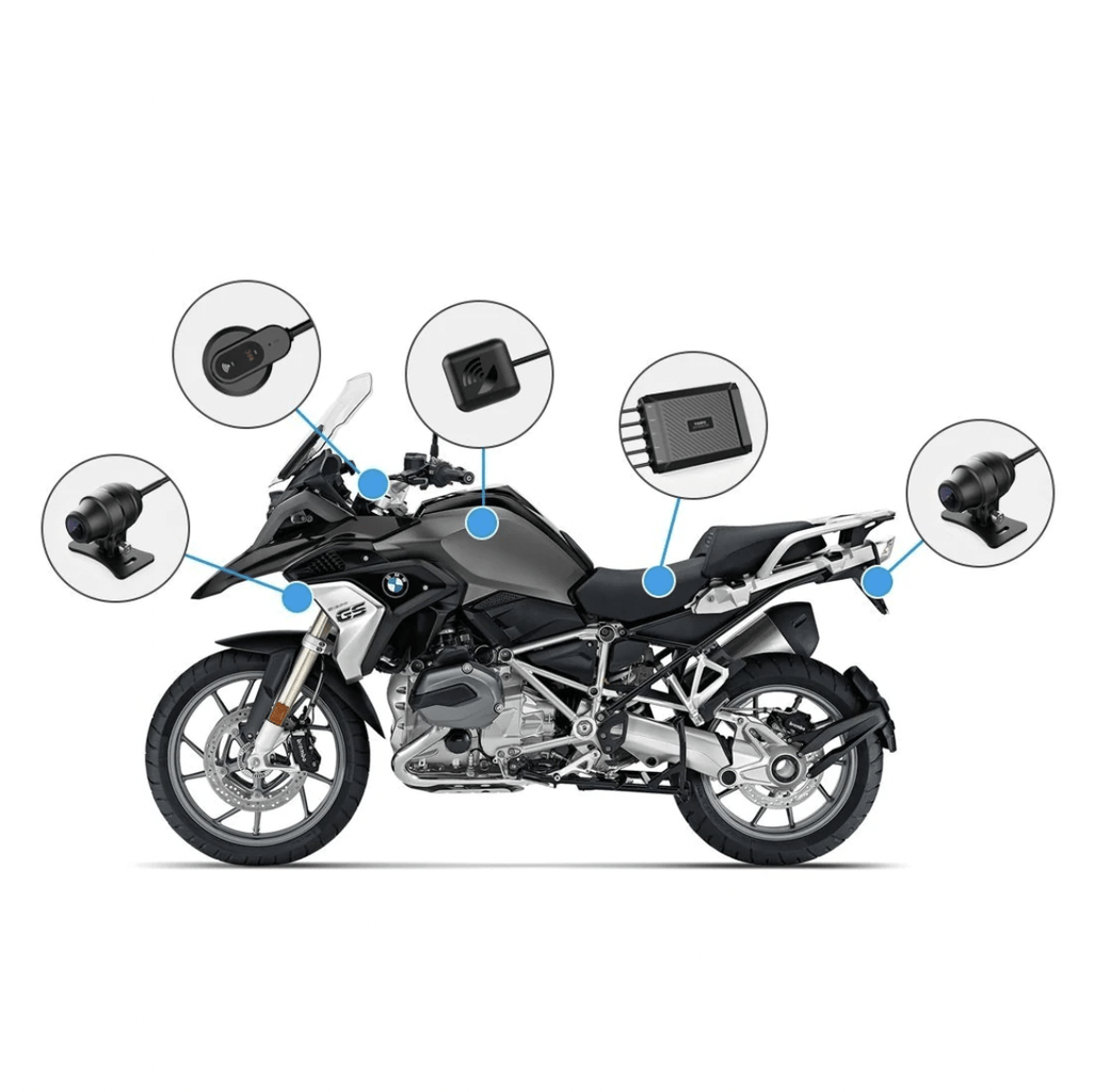 Motorfiets met vijf camera's en een regelunit die naar verschillende onderdelen wijzen.