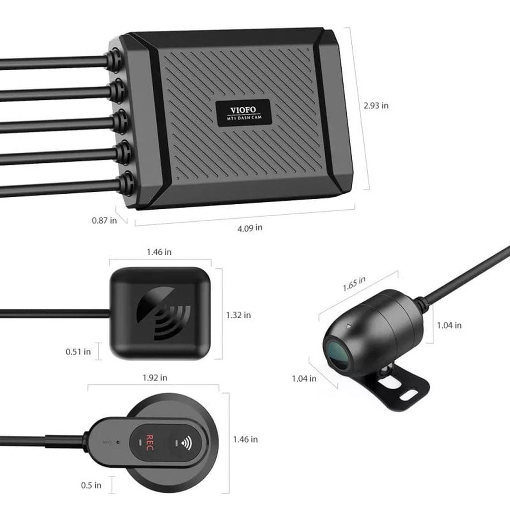 VIOFO MTI Dashcam en accessoires met afmetingen op witte achtergrond.