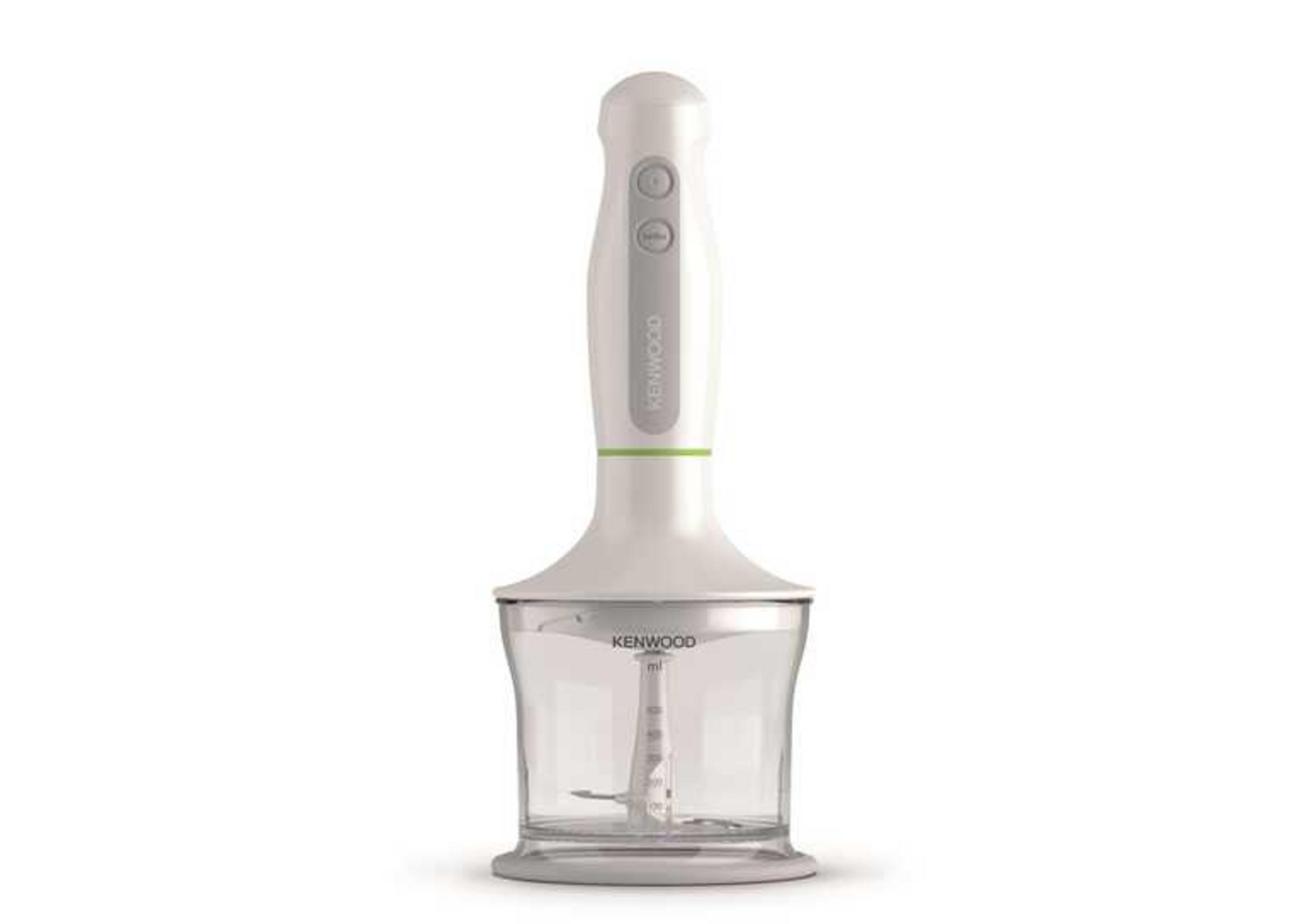 Şeffaf doğrayıcı aparatlı beyaz Kenwood el blenderı.